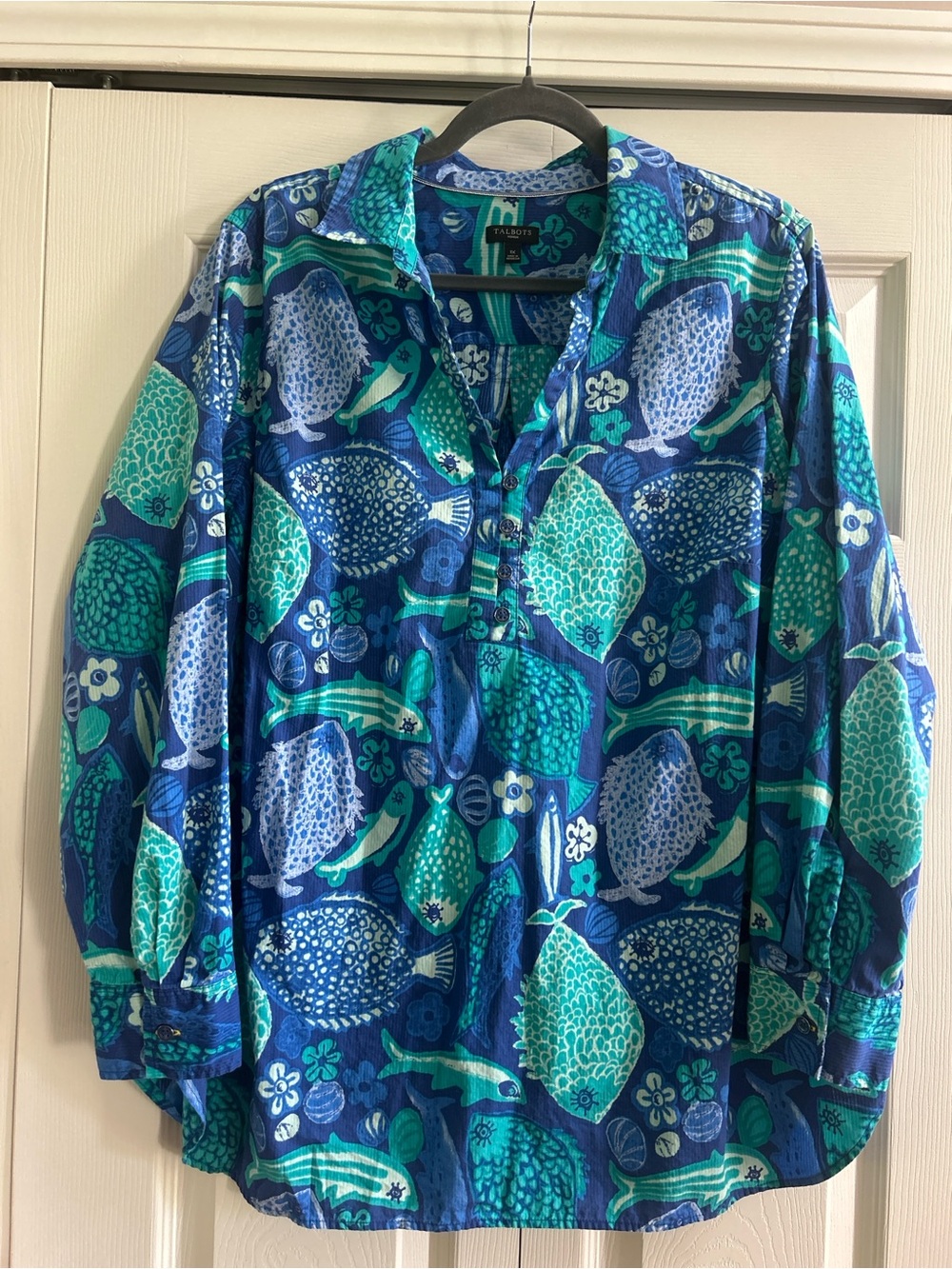 Talbots Tunic Women’s Size 1X Blue Green Fish Long Sleeve Sea Urchin Blouse
